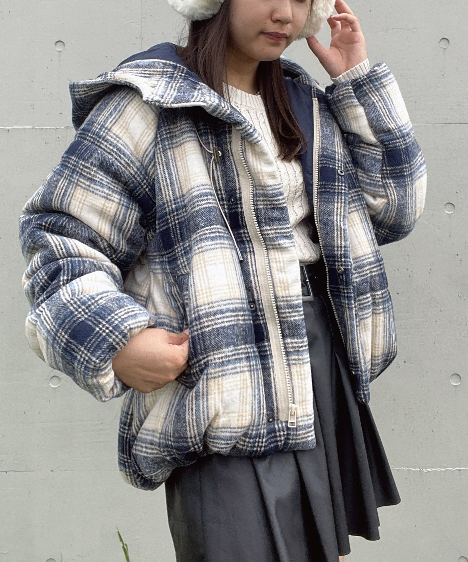 AS KNOW AS plus｜☆チェック柄中綿フェイクダウンジャケット