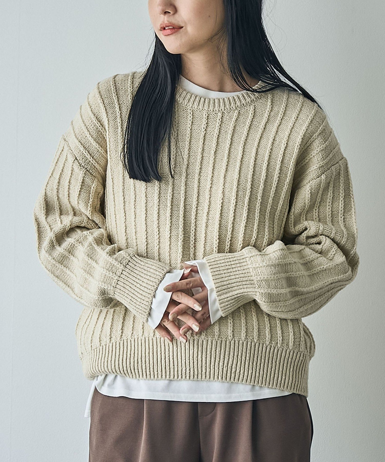 coen｜【毛玉抑制/帯電防止】チェーンストライプクルーネックニット