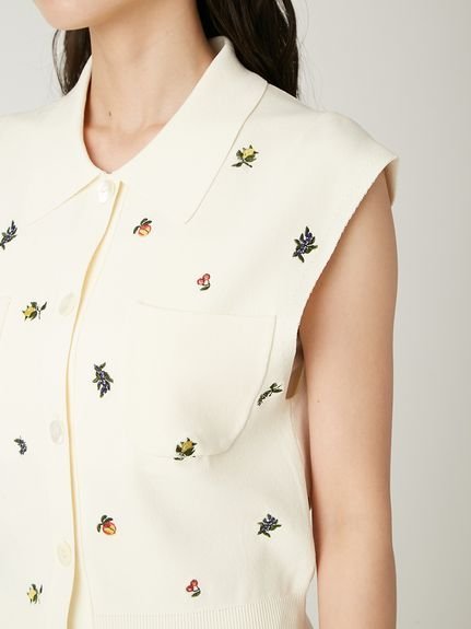 FRAY I.D｜フルーツ刺繍ポロカラーノースリニットジレ/接触冷感