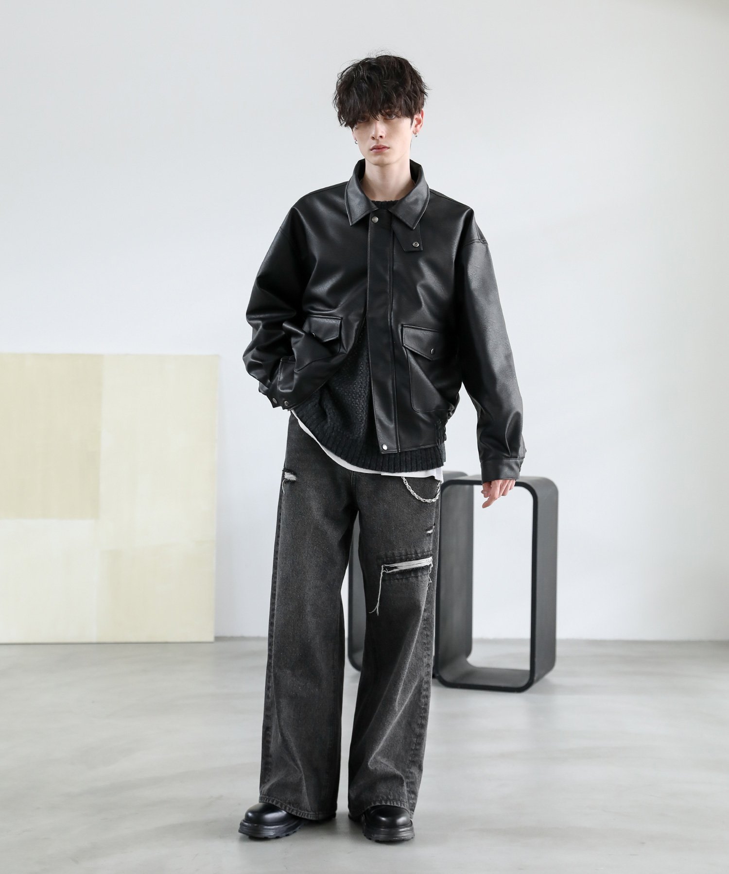 THE CASUAL｜ヴィンテージ加工 PUレザー A-2ショートブルゾン