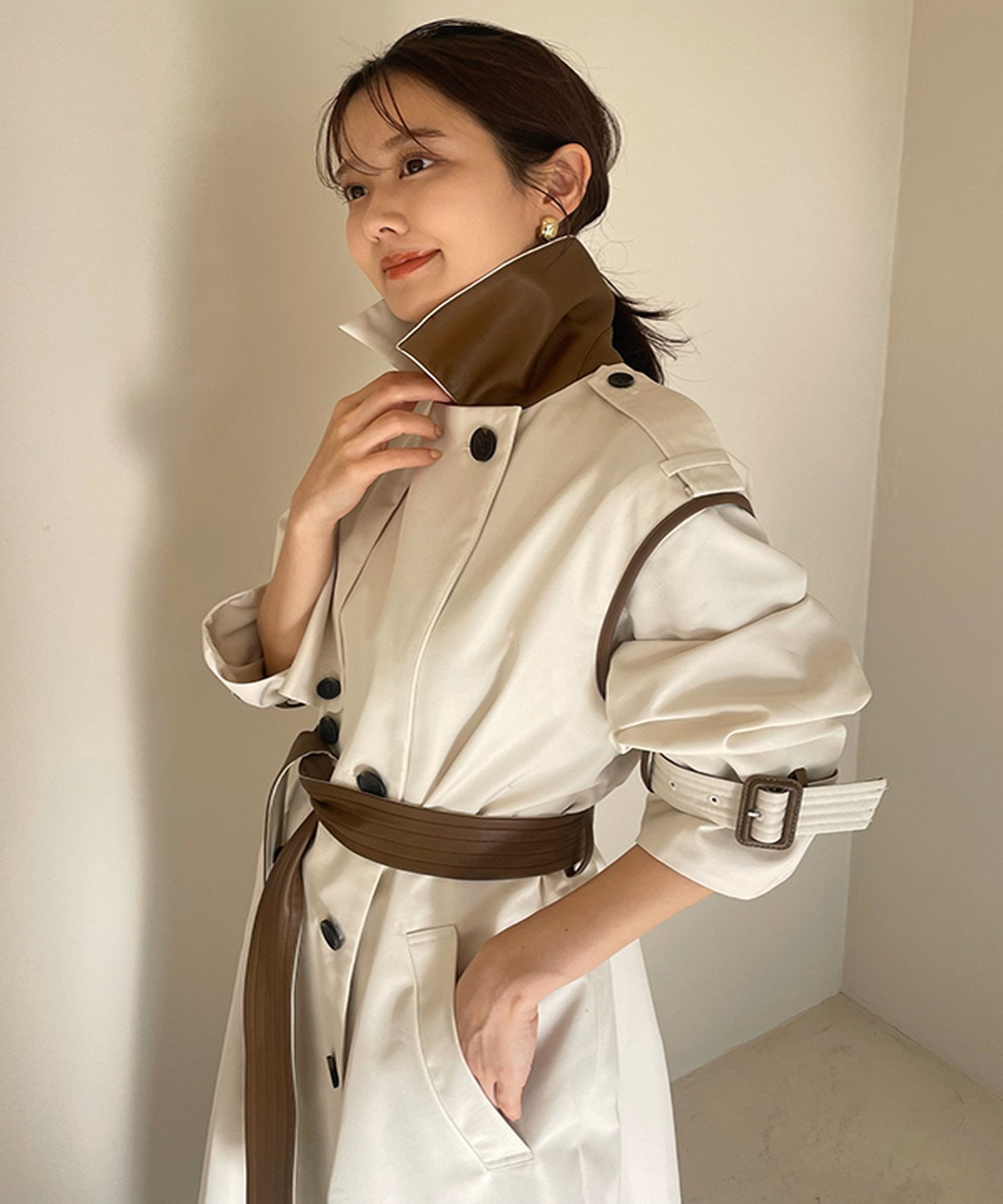 anuans｜ヴィーガンレザートリム2WAYトレンチコート | Rakuten Fashion