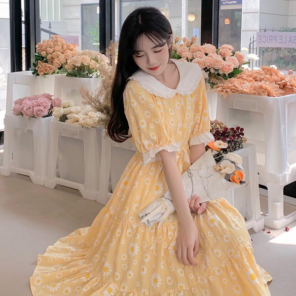 楽天市場】ワンピース ビッグカラー デイジー柄 イエロー ポワン袖