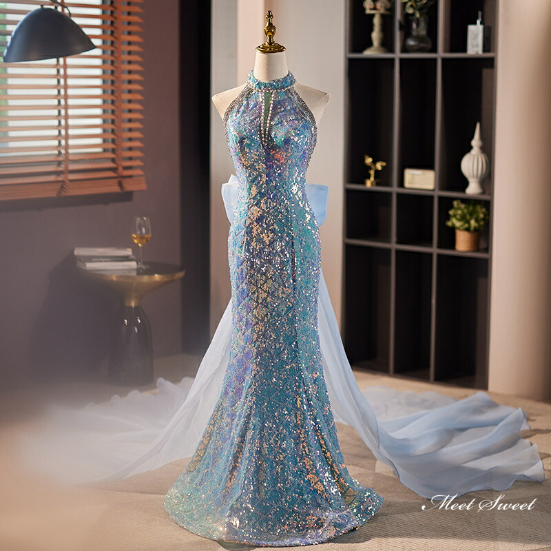 楽天市場】カラードレス スパンコール マーメイドドレス ブルー 青