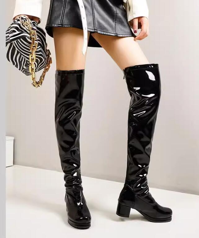 楽天市場】レディースブーツ ニーハイブーツ エナメル 5センチ