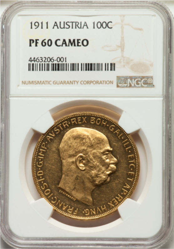 オーストリア 1911年 フランツ・ヨーゼフ1世 100コロナ金貨 NGC PF60
