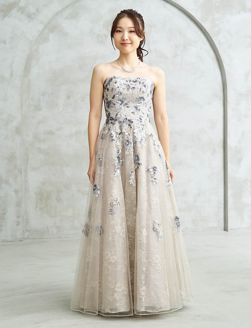 シルバー ロングドレス ベアトップ スパンコールレース チュール 肩