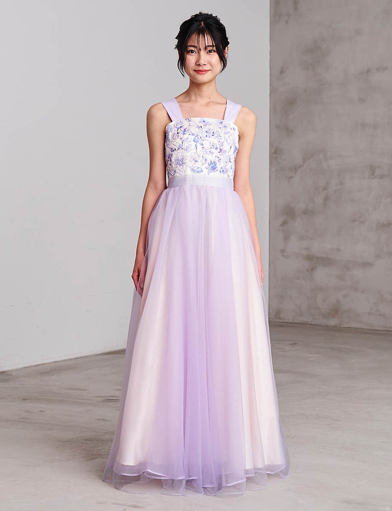 ジュニアドレス ラベンダーグレー×花柄刺繍ロングドレス TWJ9602-LVGY