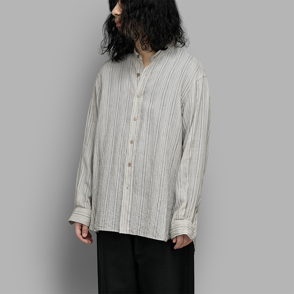 calmlence / Band Collar Shirt (Beige Stripe) | twelve