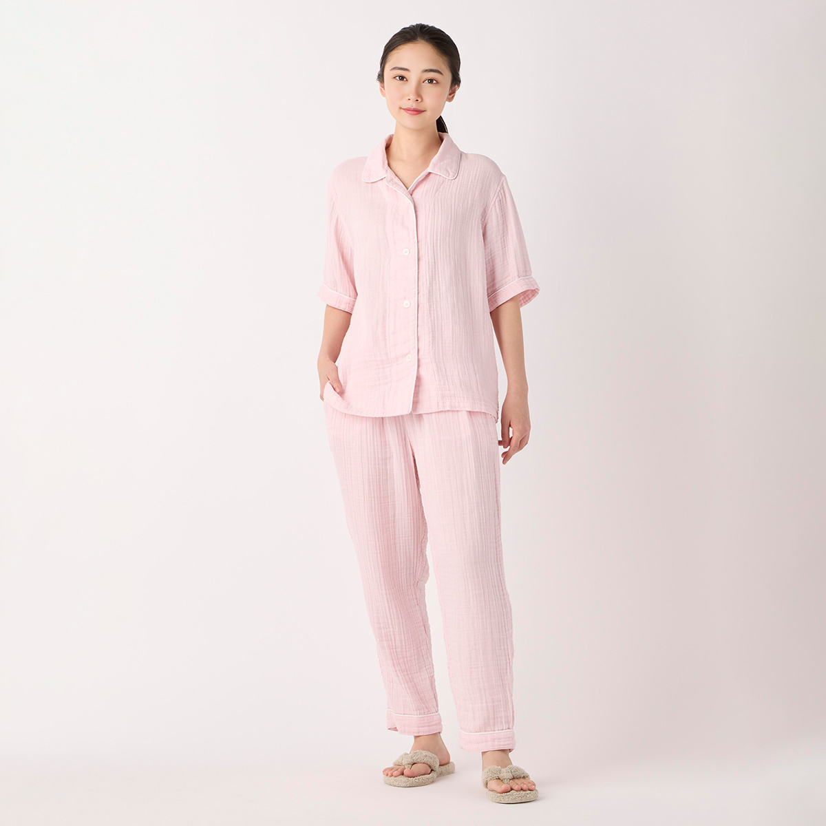 クレープガーゼパイピング半袖レディスパジャマ（RPS25921）-UCHINO