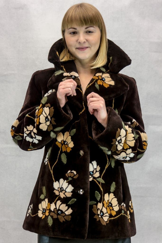 Zuki Oak Brown Sheared Beaver 28” Jacket with Flower Design with