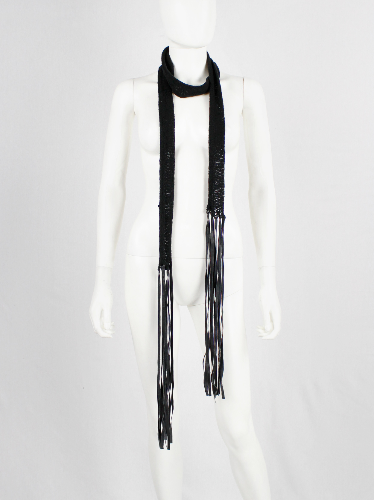 Ann Demeulemeester black long knit scarf with leather tassels