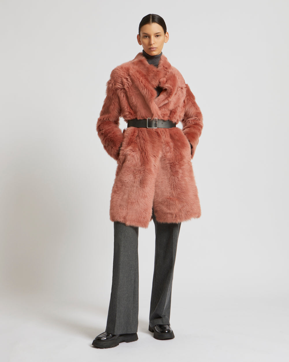 Reversible belted coat in Toscana lambskin - pink - Winter sale