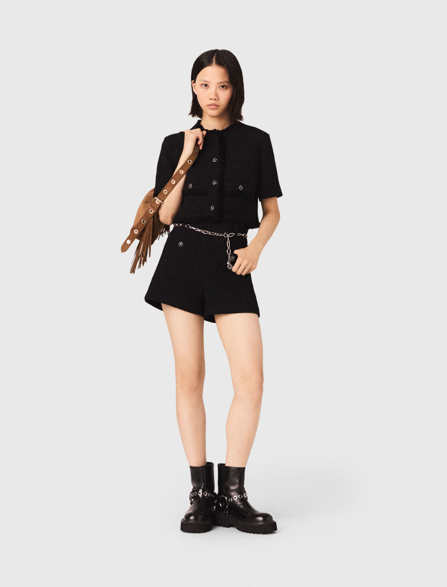Cropped shiny tweed jacket Black / Gray For Women | Maje