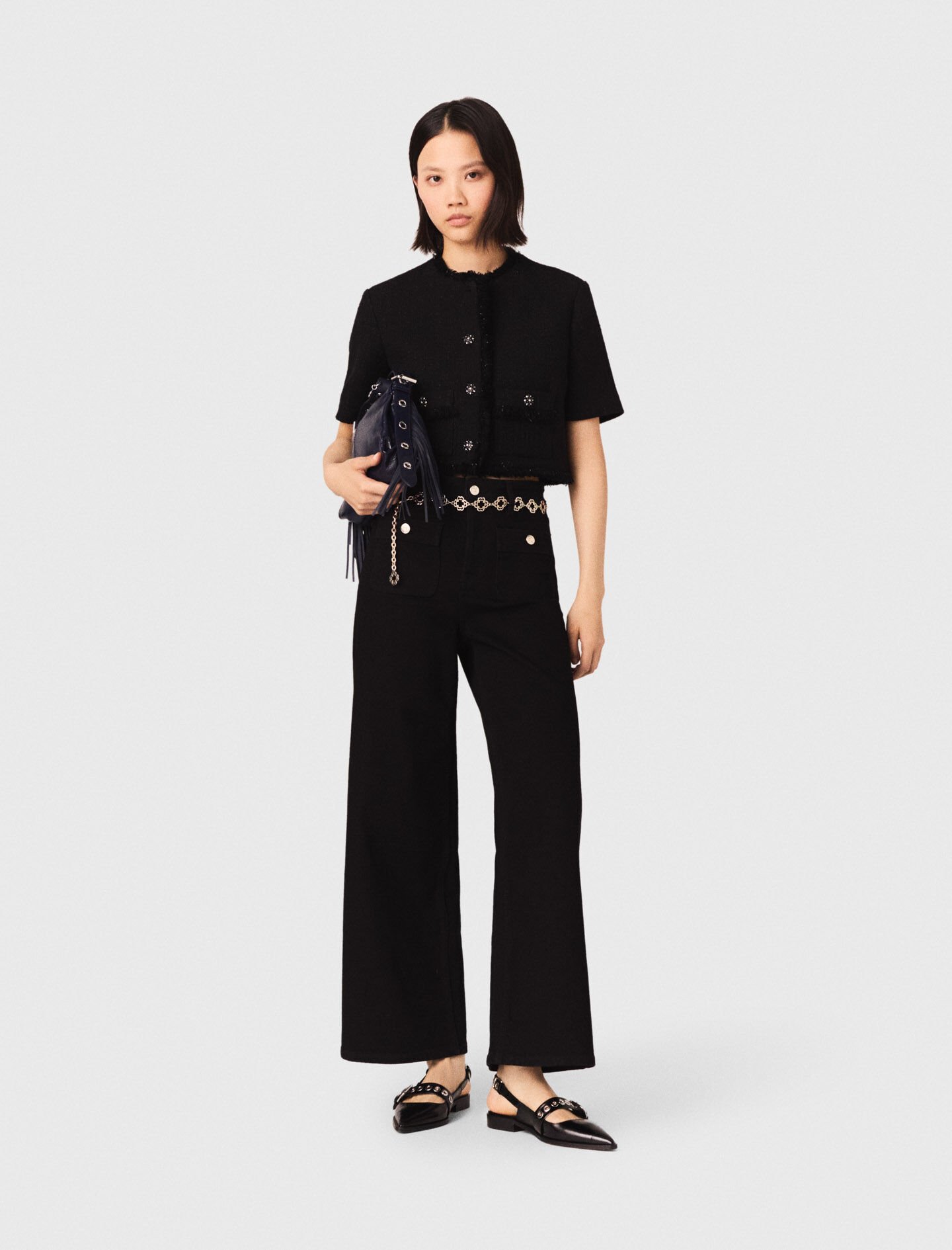 Cropped shiny tweed jacket Black / Gray For Women | Maje