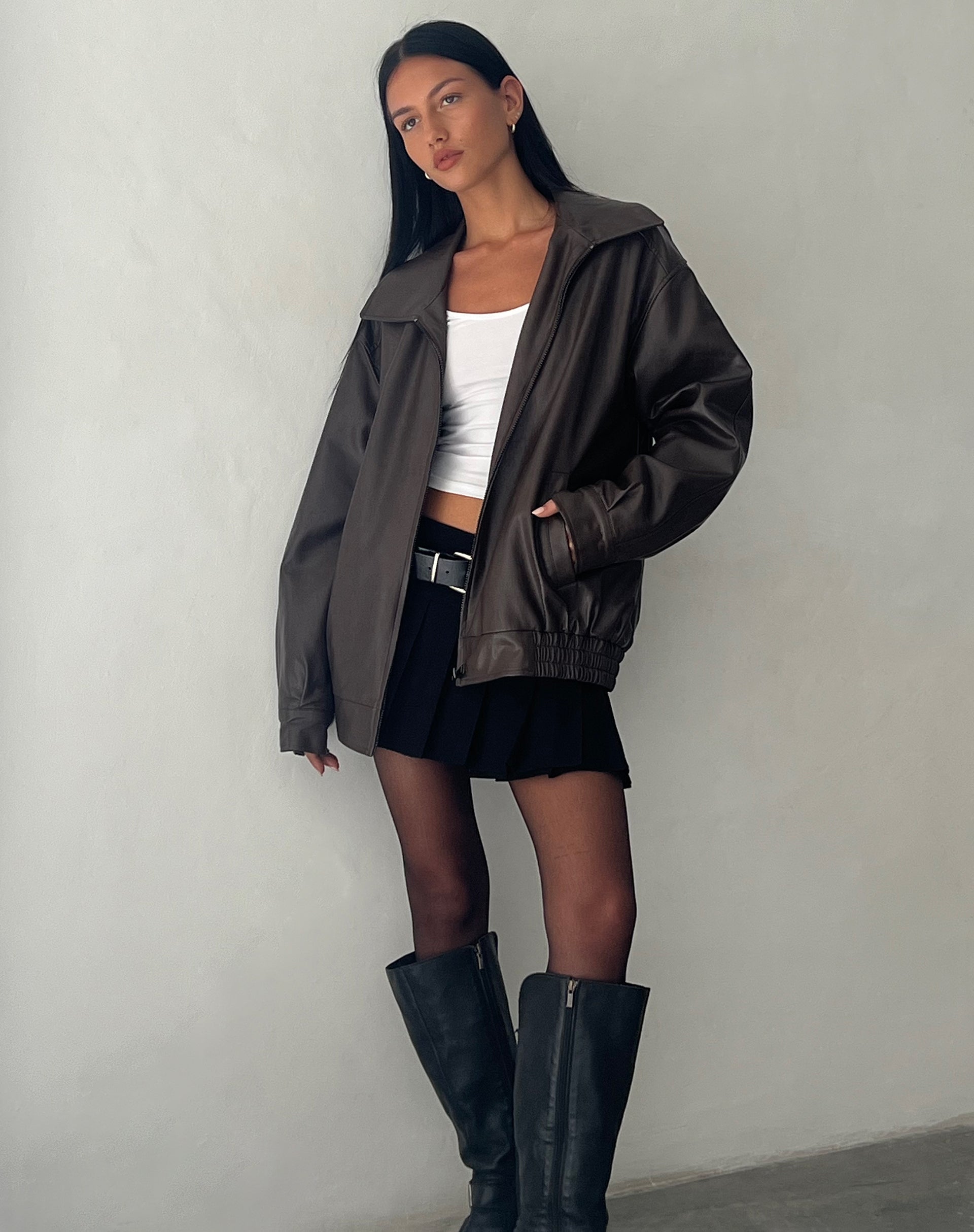 Zip Up Front PU Leather Brown Jacket | Cavita – motelrocks-com-us
