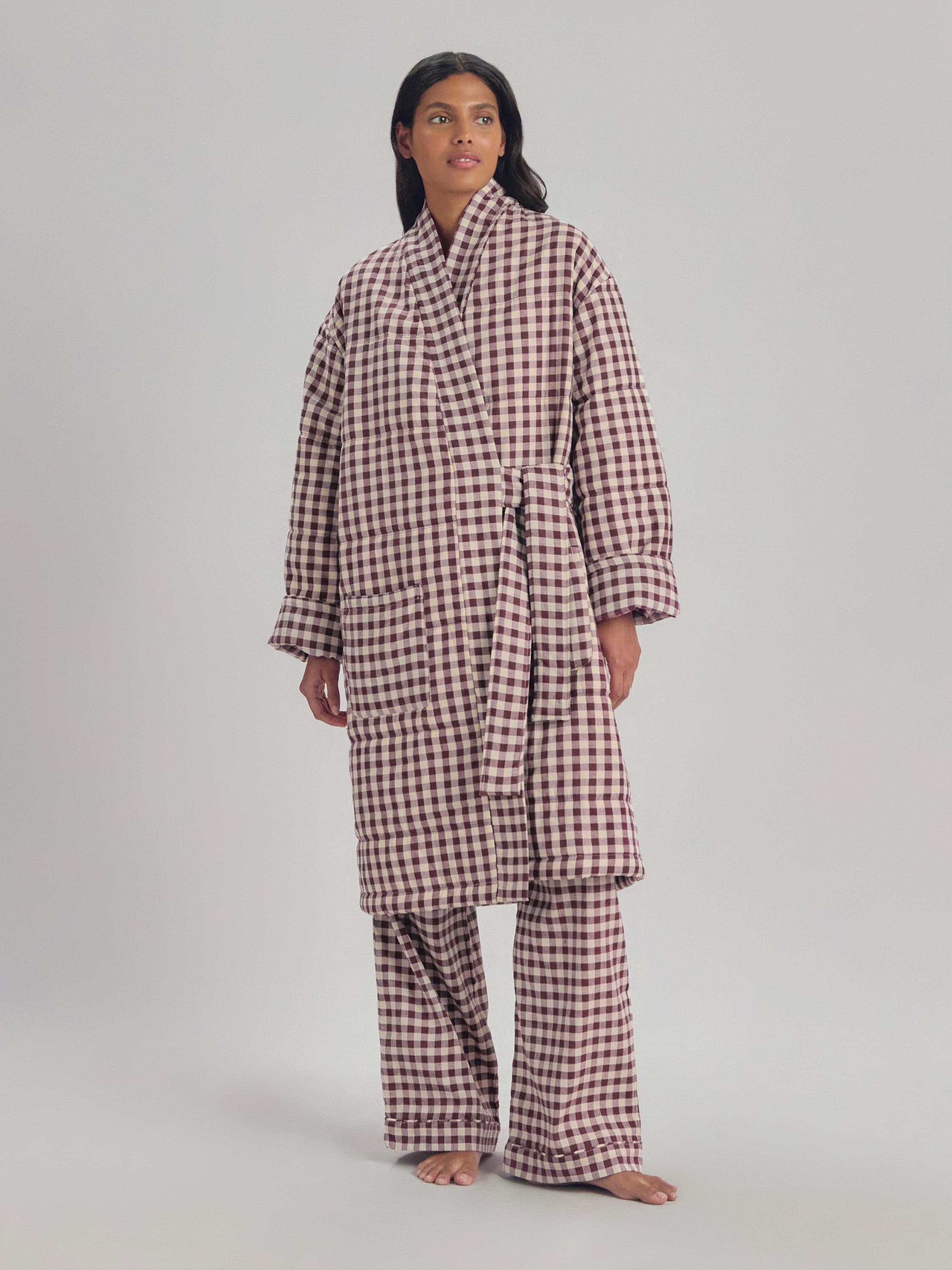 Berry Gingham Linen Blend Housecoat | Piglet in Bed US