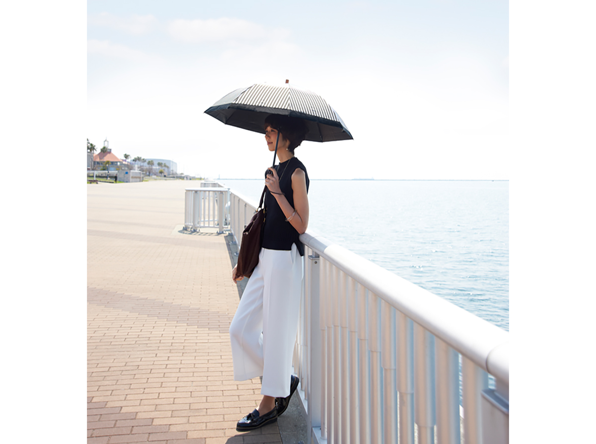 2段折 / 白黒ストライプ | 完全遮光日傘｜サンバリア100