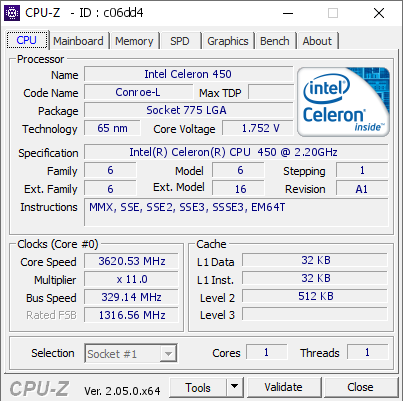 Intel Celeron 450 @ 3620.53 MHz - CPU-Z VALIDATOR