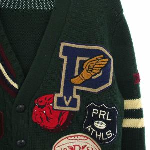 レタードカーディガン ニット ワッペン ロゴ 刺繍 長袖 M 緑 グリーン