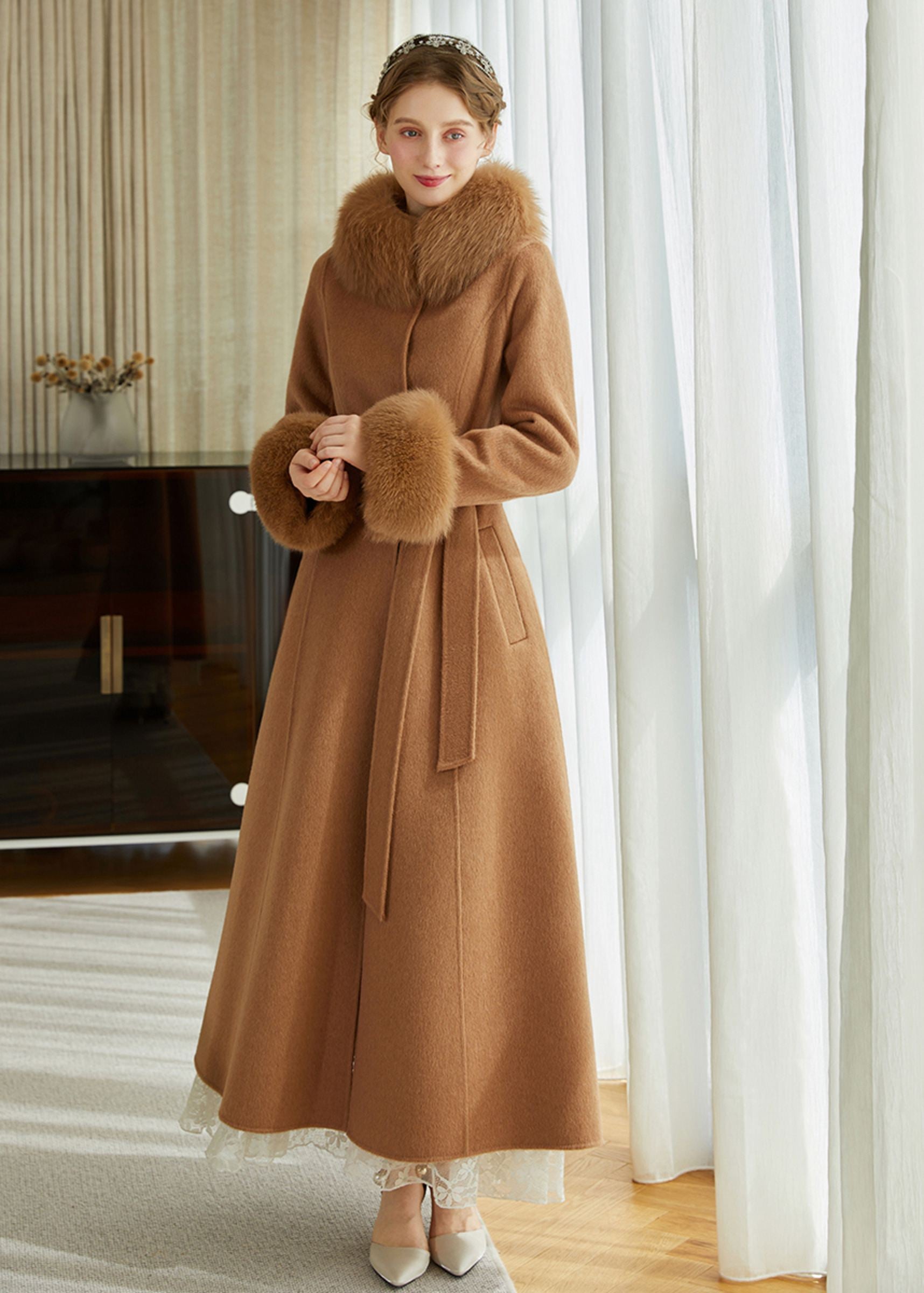 Double Face Alpaca Wool Fox Fur Collar Belted Long Coat – Vivian Seven