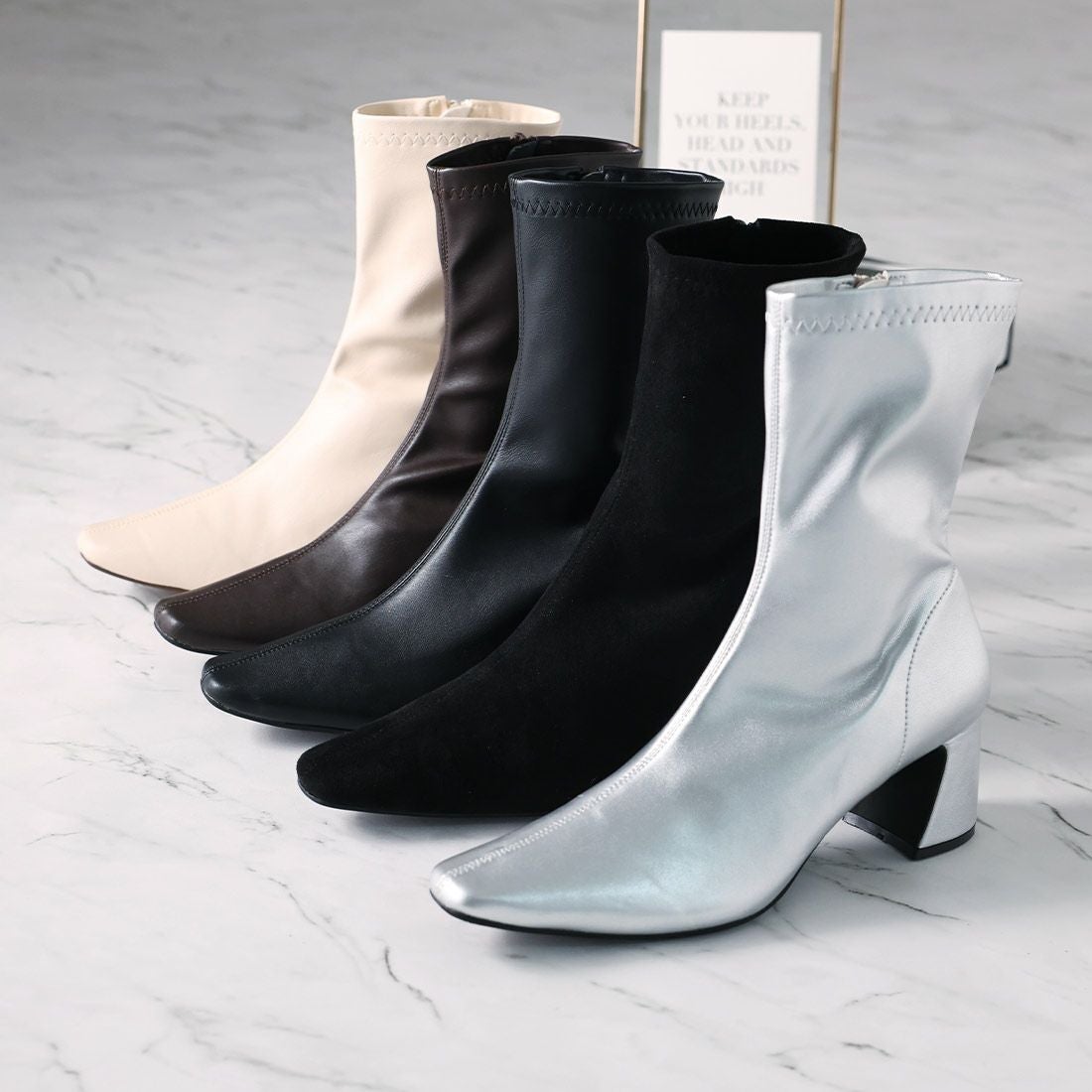 スクエアトゥチャンキーヒールストレッチミドルブーツ ｜靴