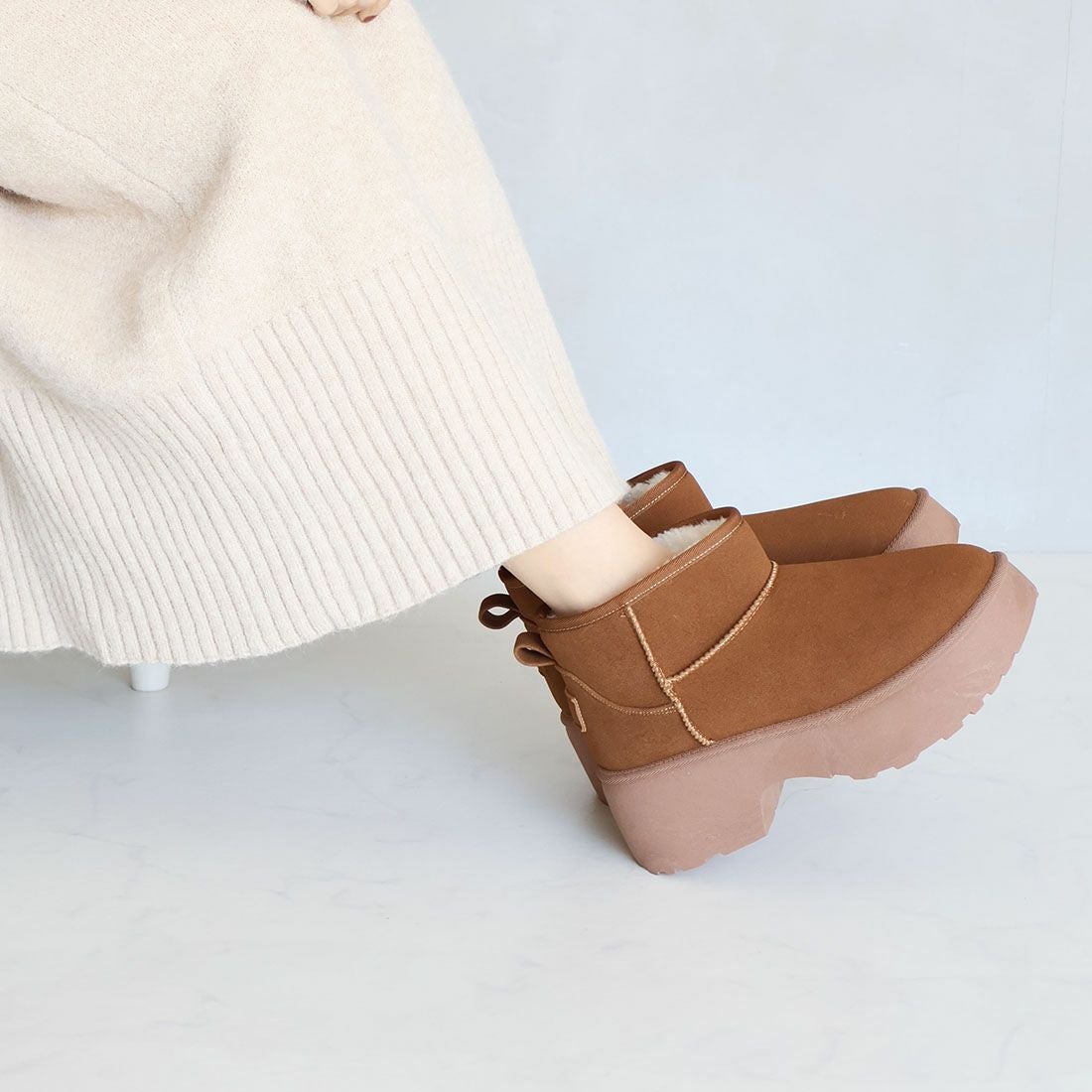 もふぽか厚底7cmチャンキーヒールムートンブーツ ｜靴・レディース