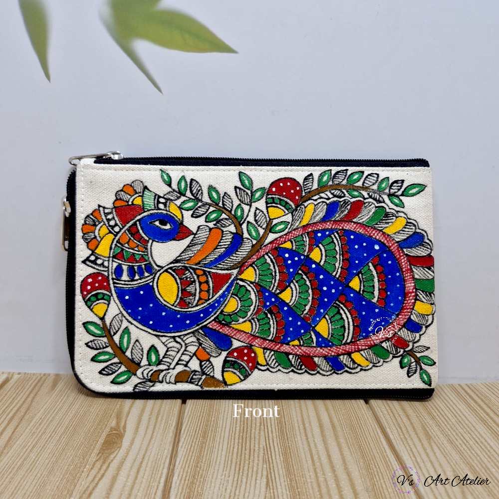 Hand-painted Peacock Madhubani Document Pouch - V's Art Atelier