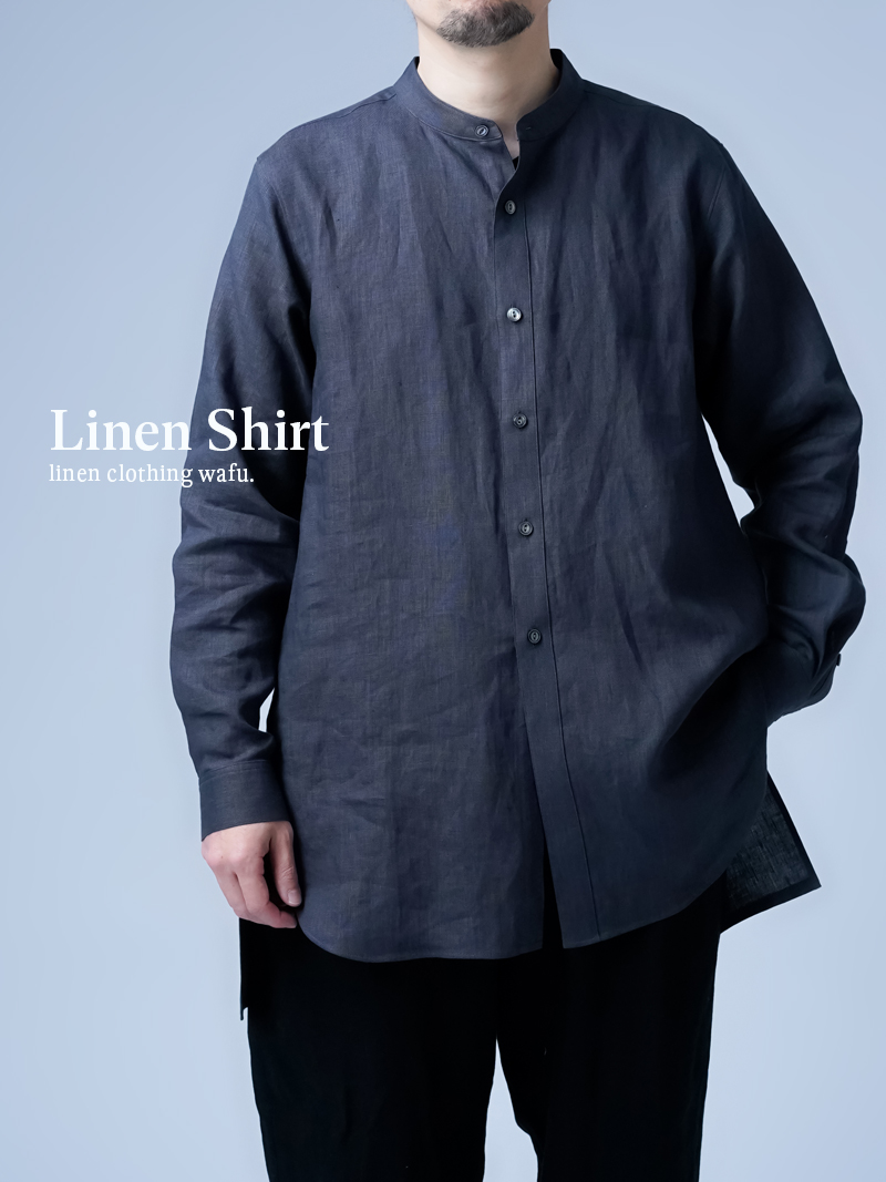 wafu】首のラインに沿う美しい！ バンドカラー ロングシャツ