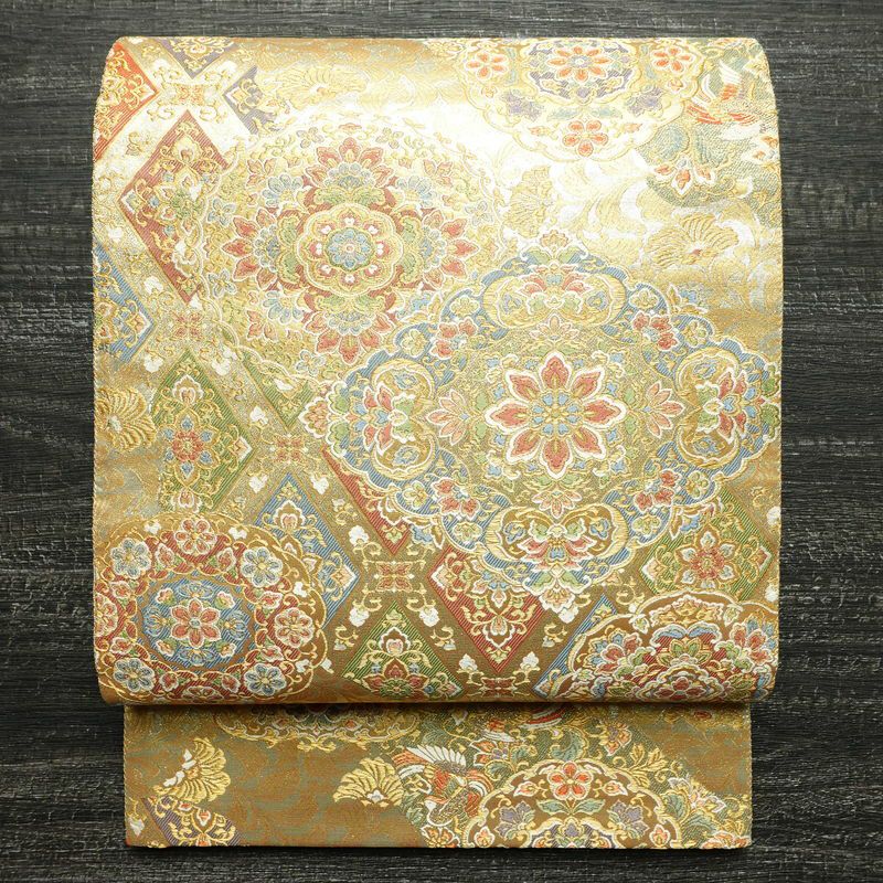 袋帯 本金二重箔 扇面花鳥 文六通柄 良品 フォーマル用 正絹 古典柄 箔