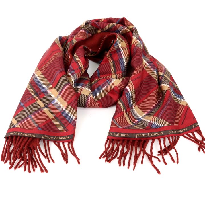 ピエール・バルマン マフラー チェック/無地 フリンジ ストール