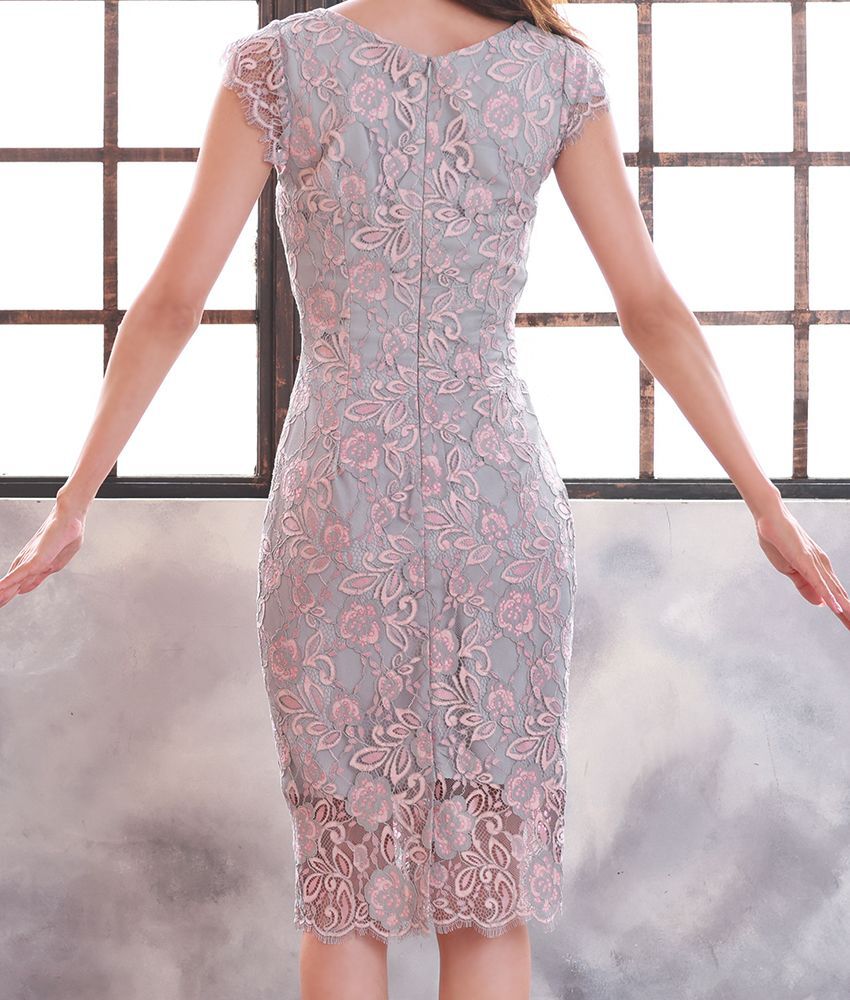 ピンクグレー総レースミディアムドレス /れお - カラードレス