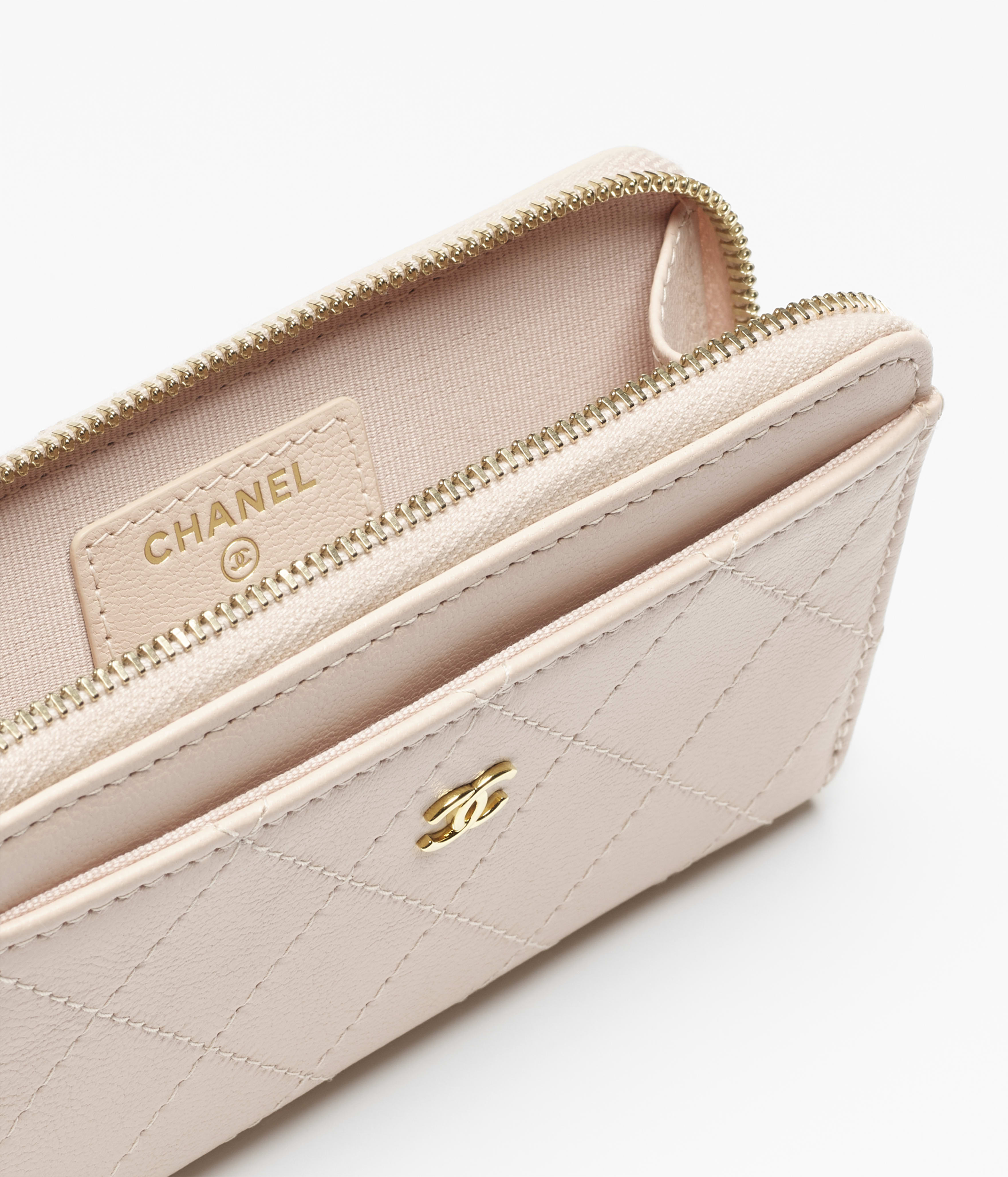 ジップ カードケース - グレインド ゴートスキン、ベージュ