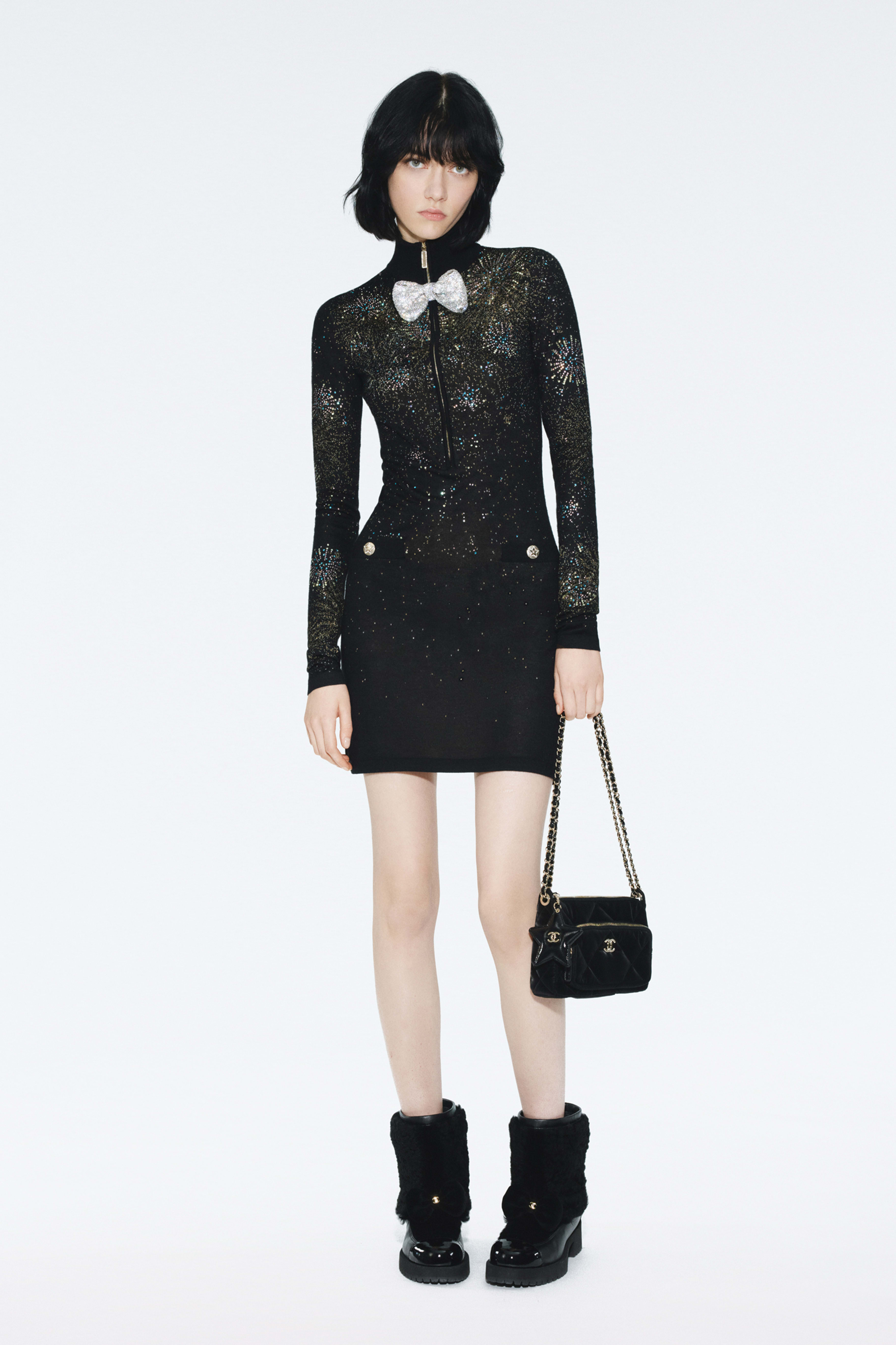 ショート ドレス - カシミヤ、シルク & ストラス、ブラック、ゴールド