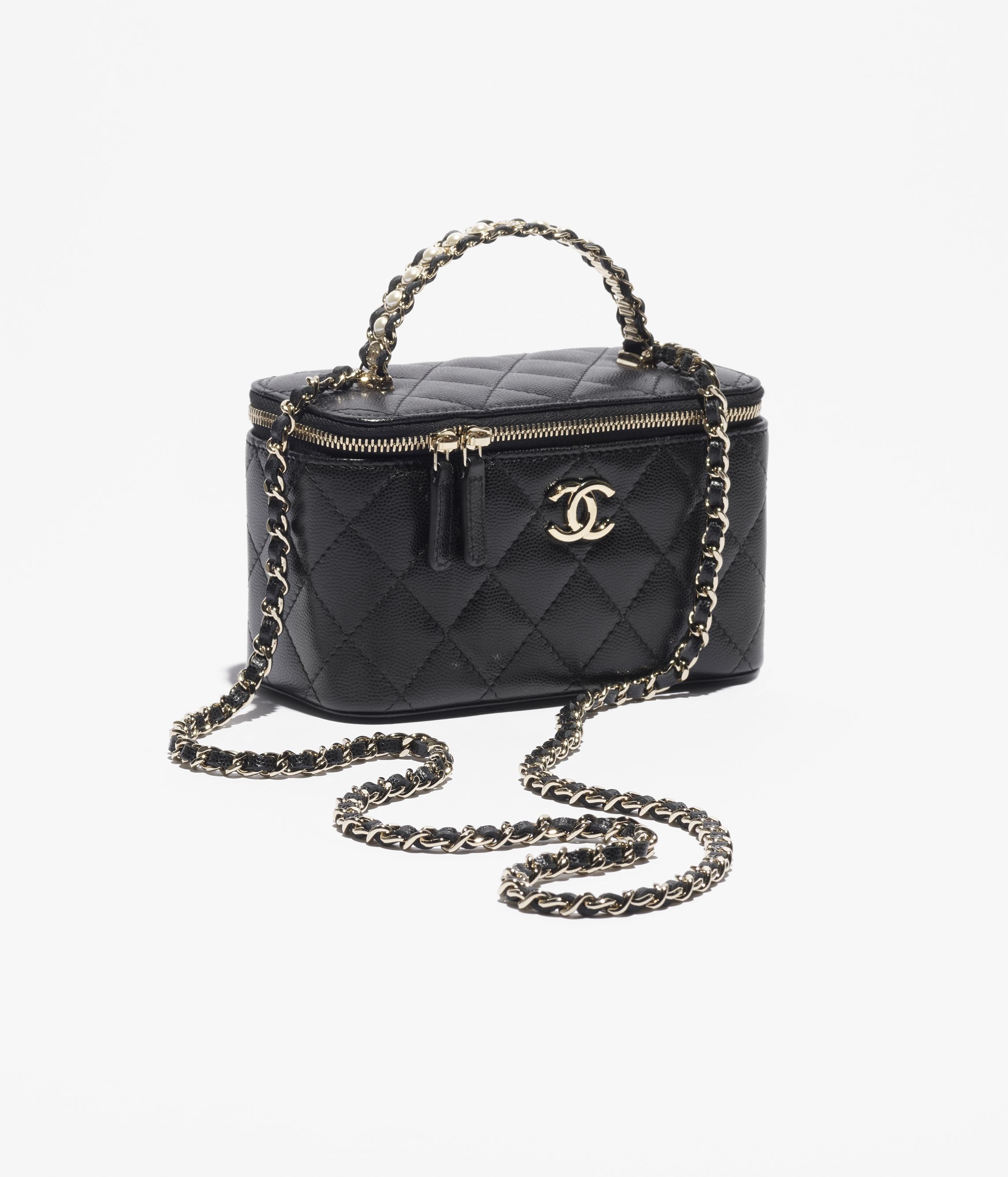 Long vanity with chain - Grained calfskin, imitation pearl & gold