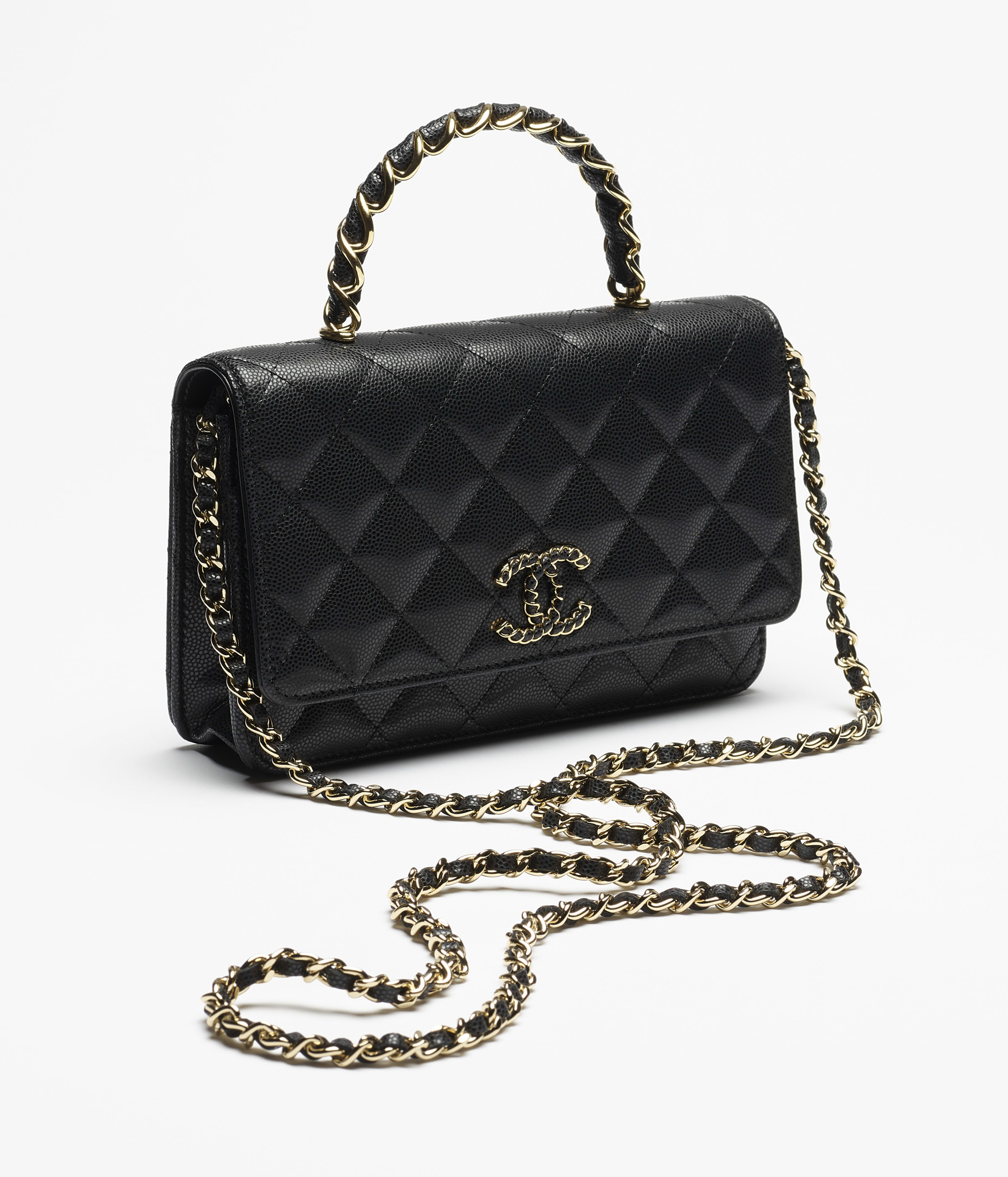 チェーンウォレット - シャイニー グレインド カーフスキン、ブラック