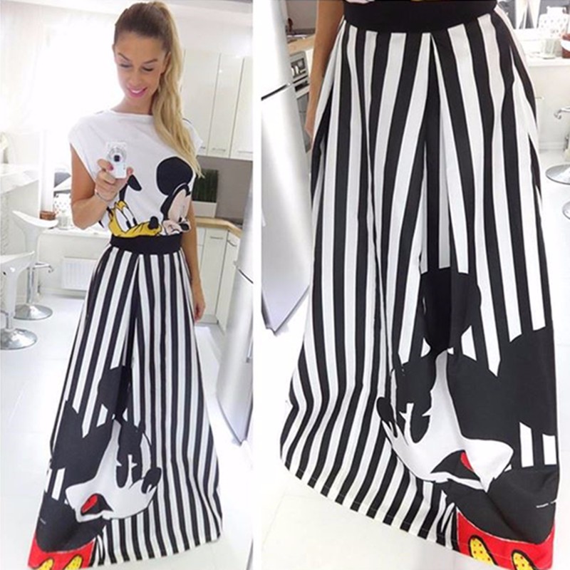 22 Women's Mickey comic cartoon printed Striped maxi long skirt
