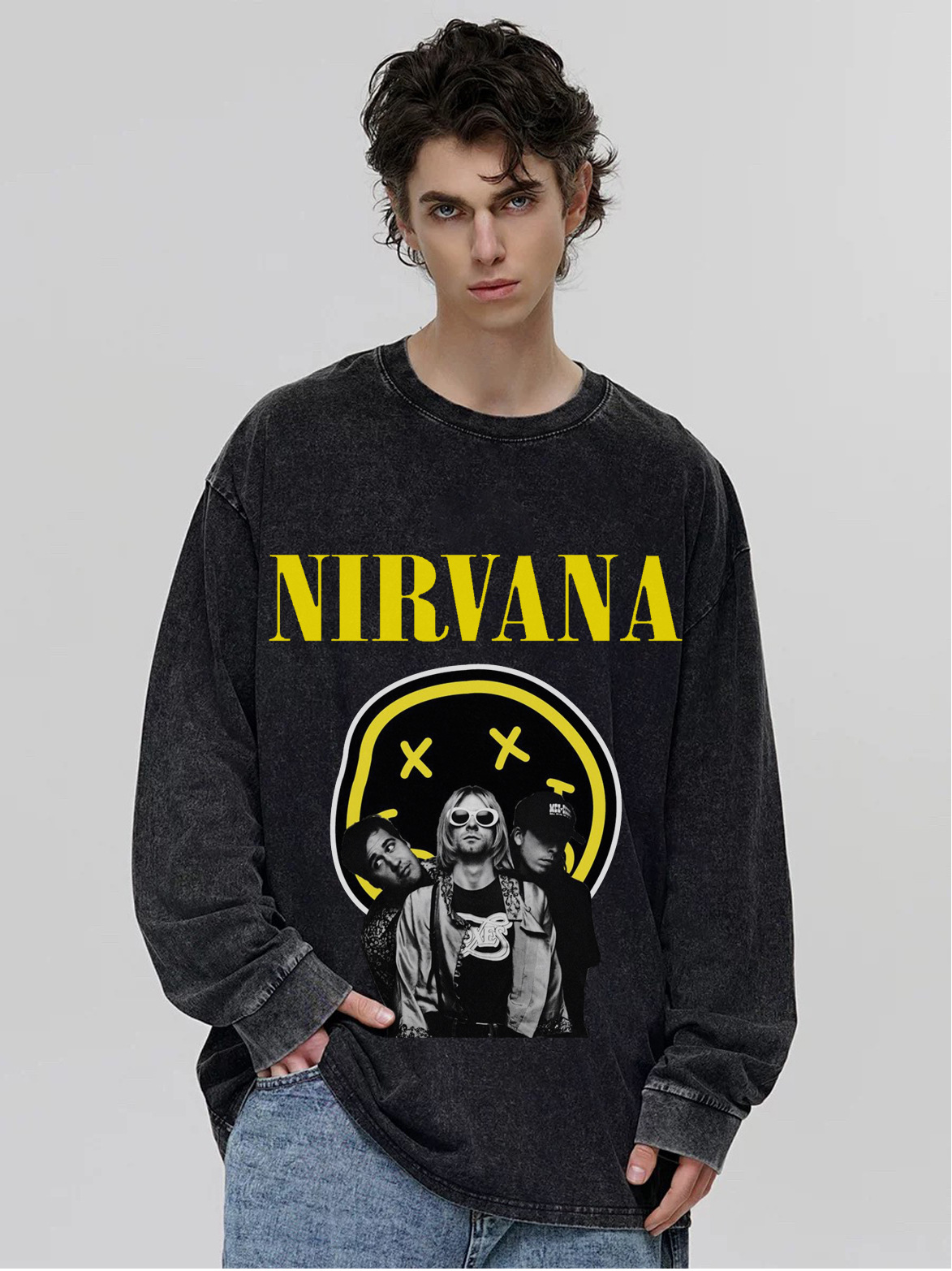 unisex Nirvana x Smile x Photo Print Vintage Style Long Sleeve T