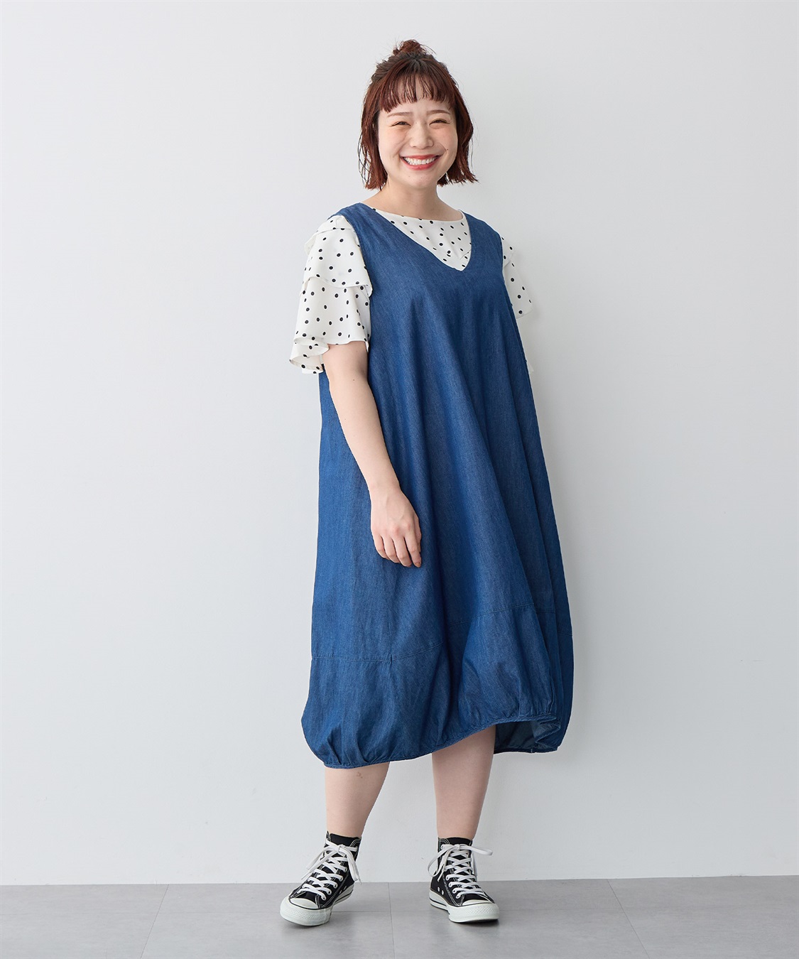 anyfee/プラスサイズ】Vネックデニムバルーンワンピース anyfee
