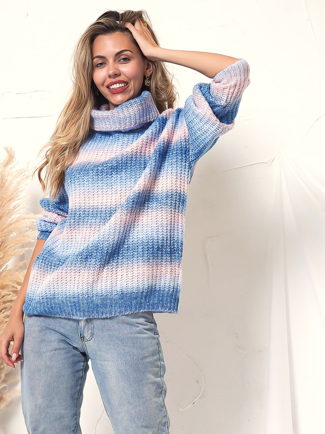 Tie Dye Pattern Striped Cowl Neck Knitted Long Sweater for Women