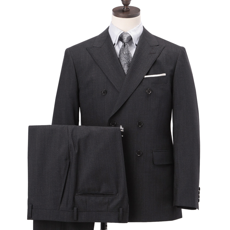 ストレッチ ウールブレンド ダブルスーツ チャコールグレー 織柄無地