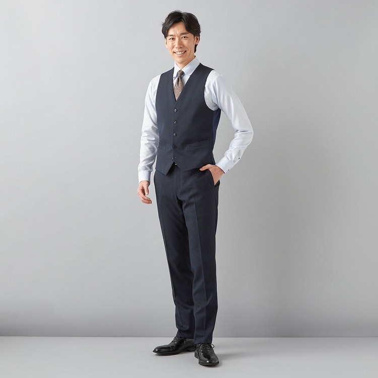 アウトレット】洗える ストレッチ スリーピーススーツ 紺織柄無地