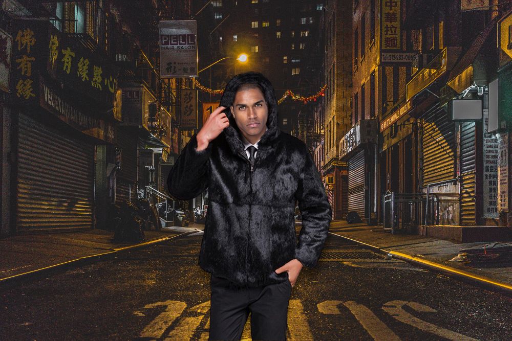 Rabbit Fur Coat in Black with Hood