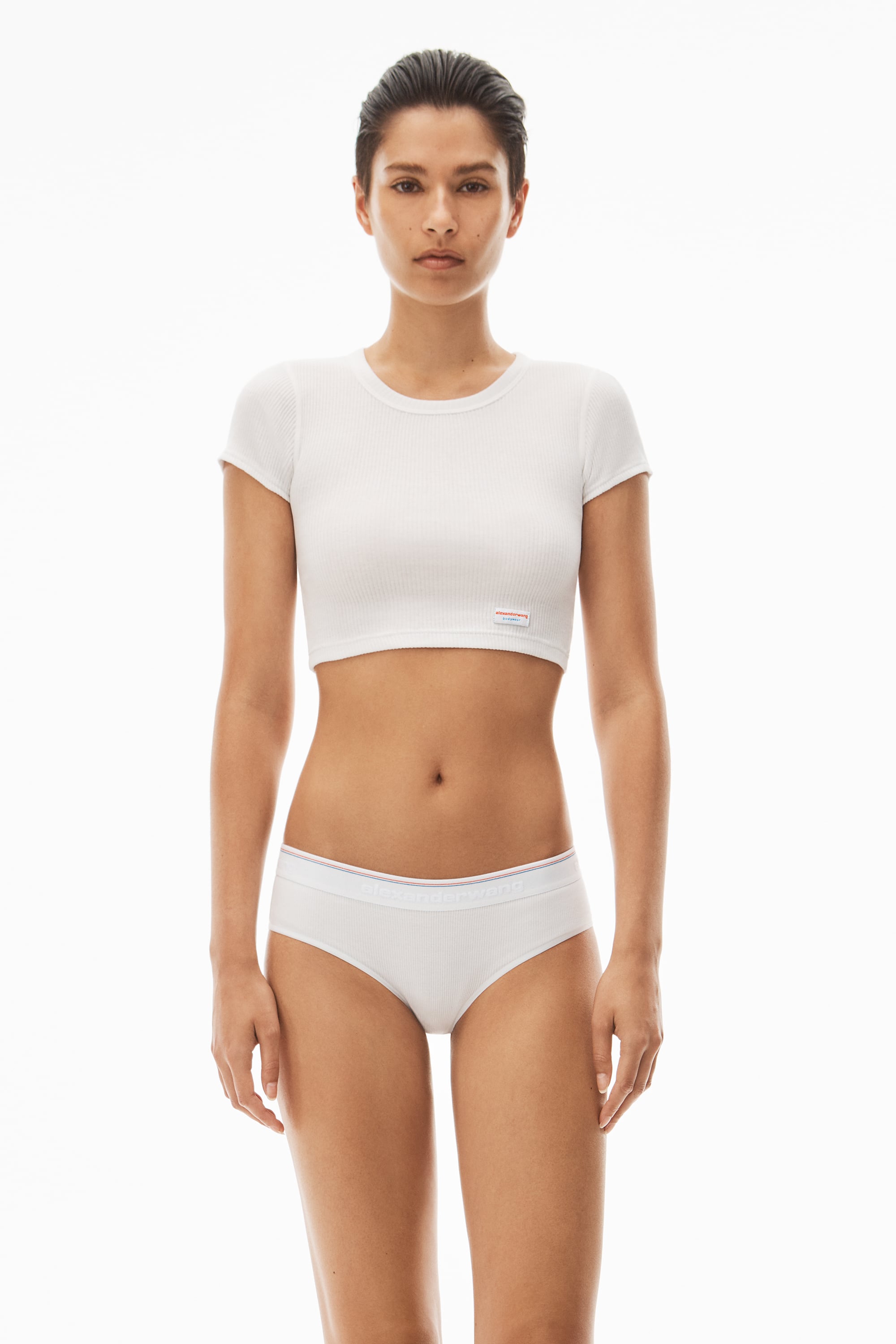 Cropped Short-Sleeve Tee in Ribbed Cotton Jersey in WHITE