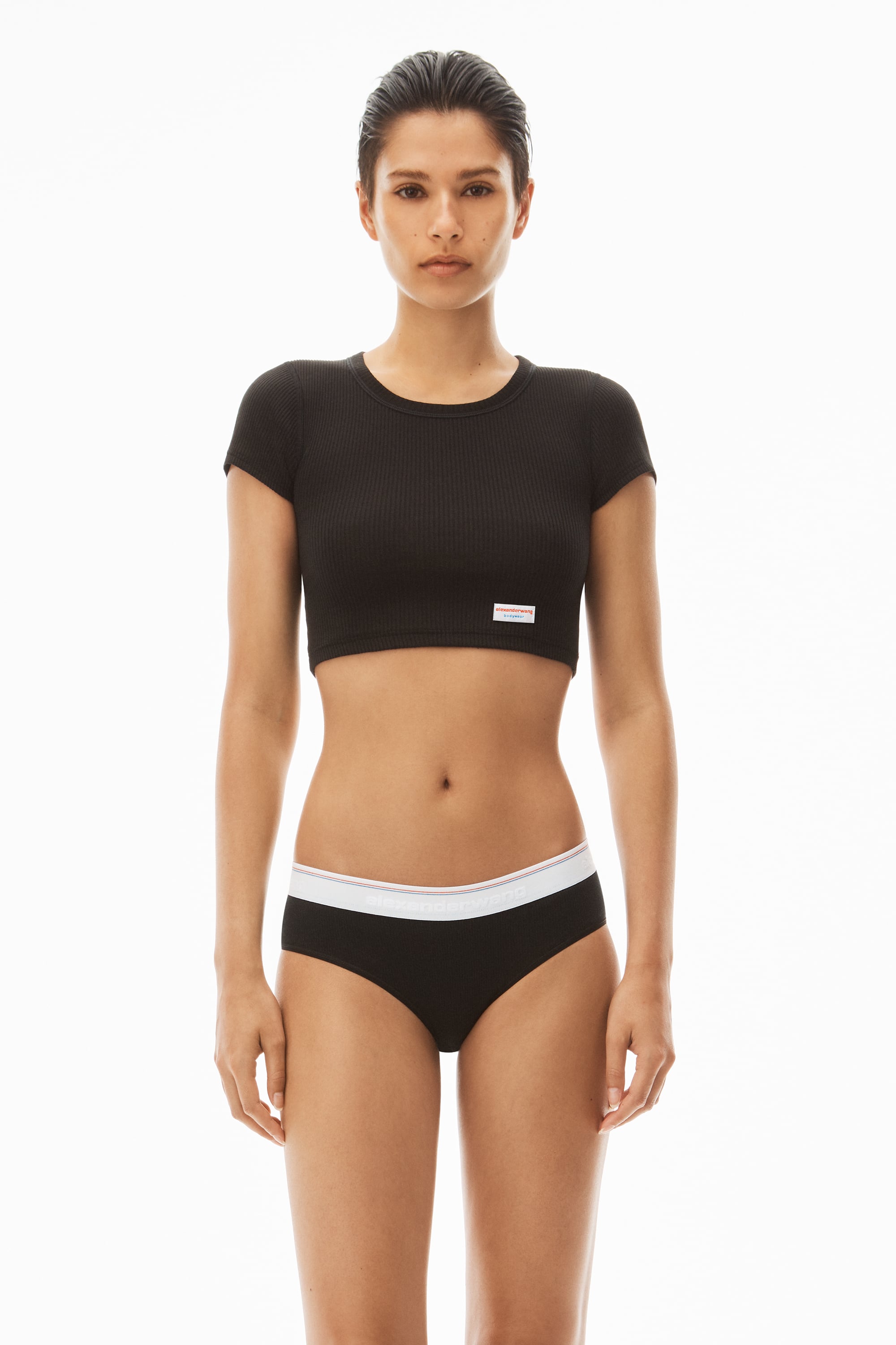 Cropped Short-Sleeve Tee in Ribbed Cotton Jersey in BLACK