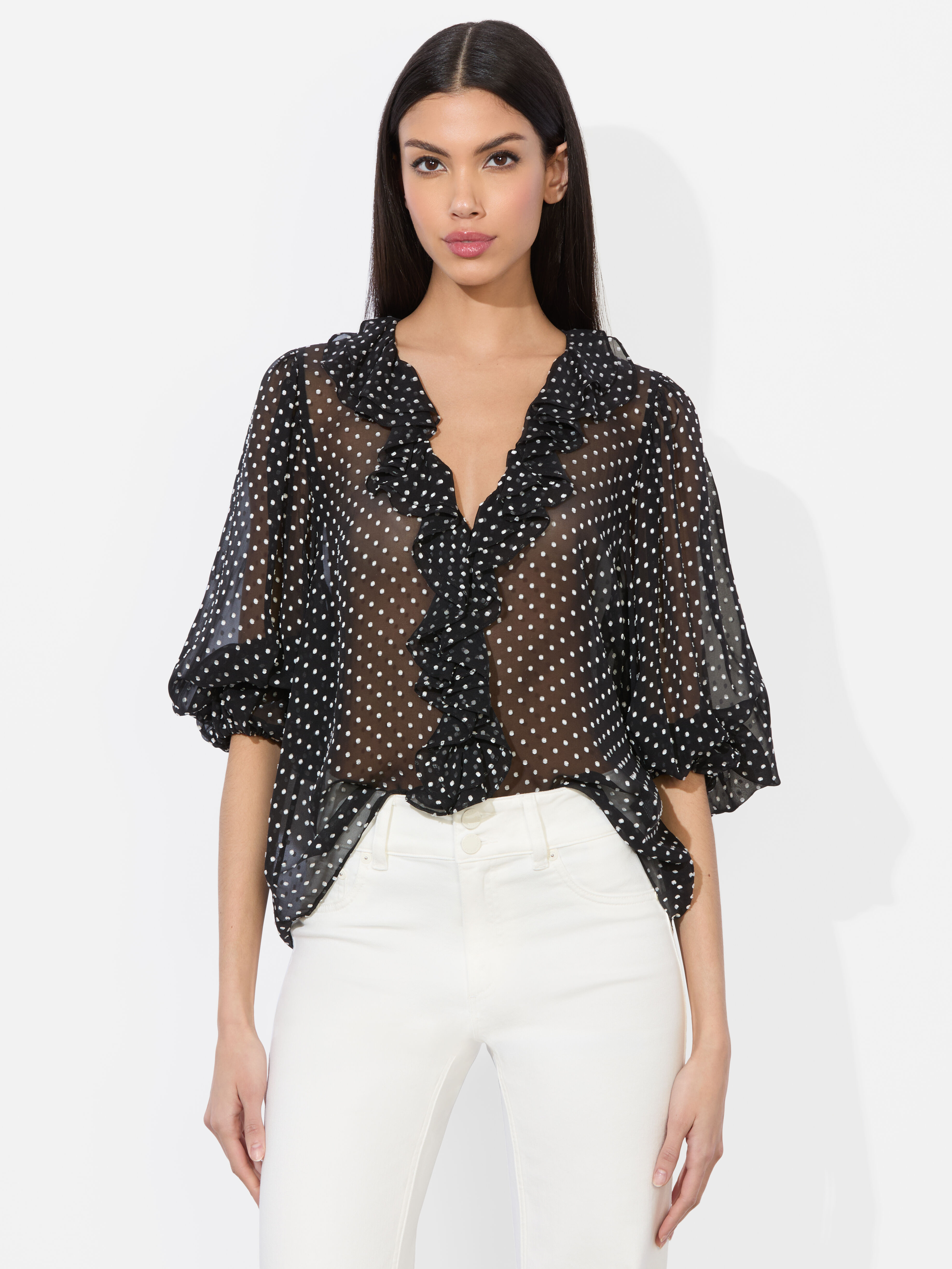 BETSIE RUFFLED BLOUSE in BLACK/OFF WHITE POLKA DOT | ALICE + OLIVIA