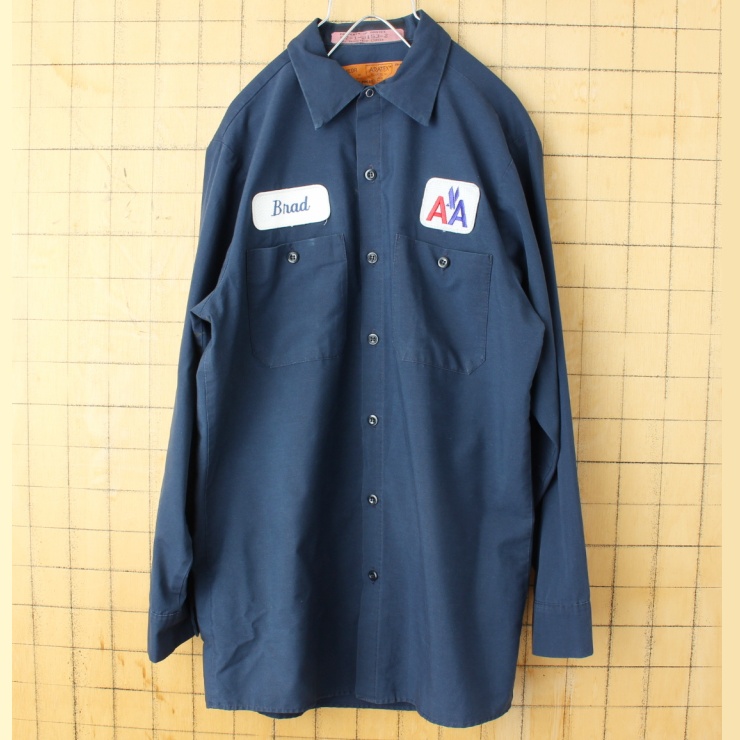 80s 90s USA ARATEX ワッペン ワーク シャツ ネイビー ブルー メンズM