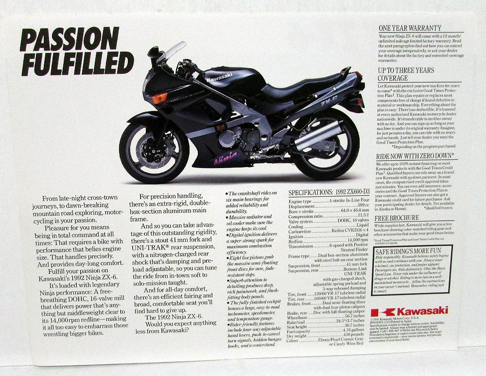 1992 Kawasaki Ninja ZX-6 Motorcycle Sales Brochure Data Sheet