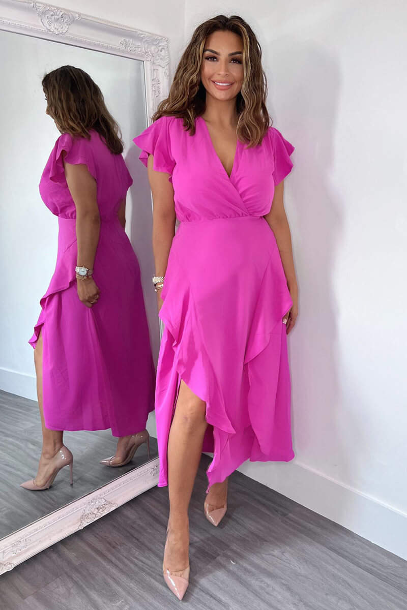 Cerise Frill Detail Double Split Skirt Midi Dress – AX Paris