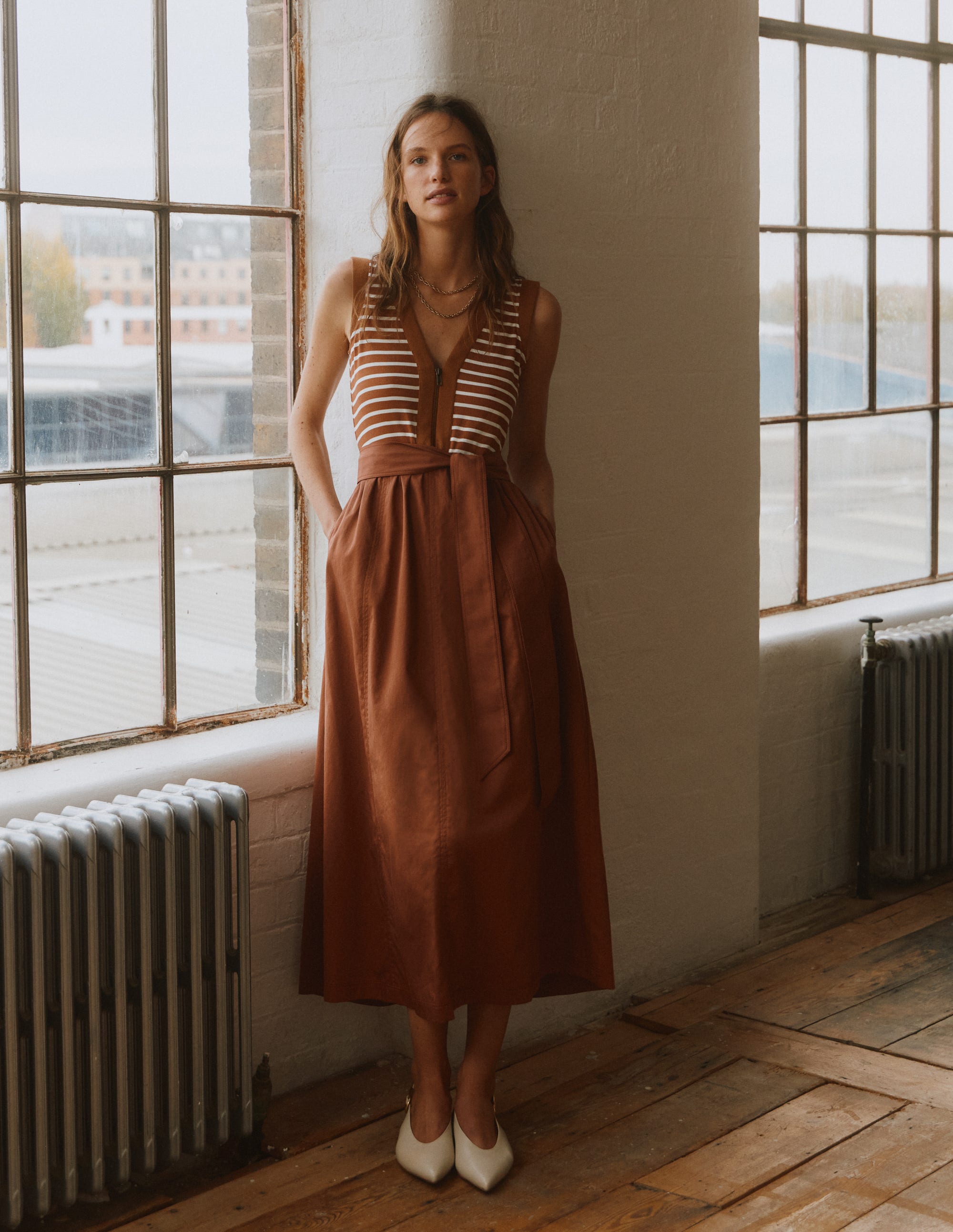 Zip-front Mix Media Dress-Ginger, Ivory Stripe | Boden UK