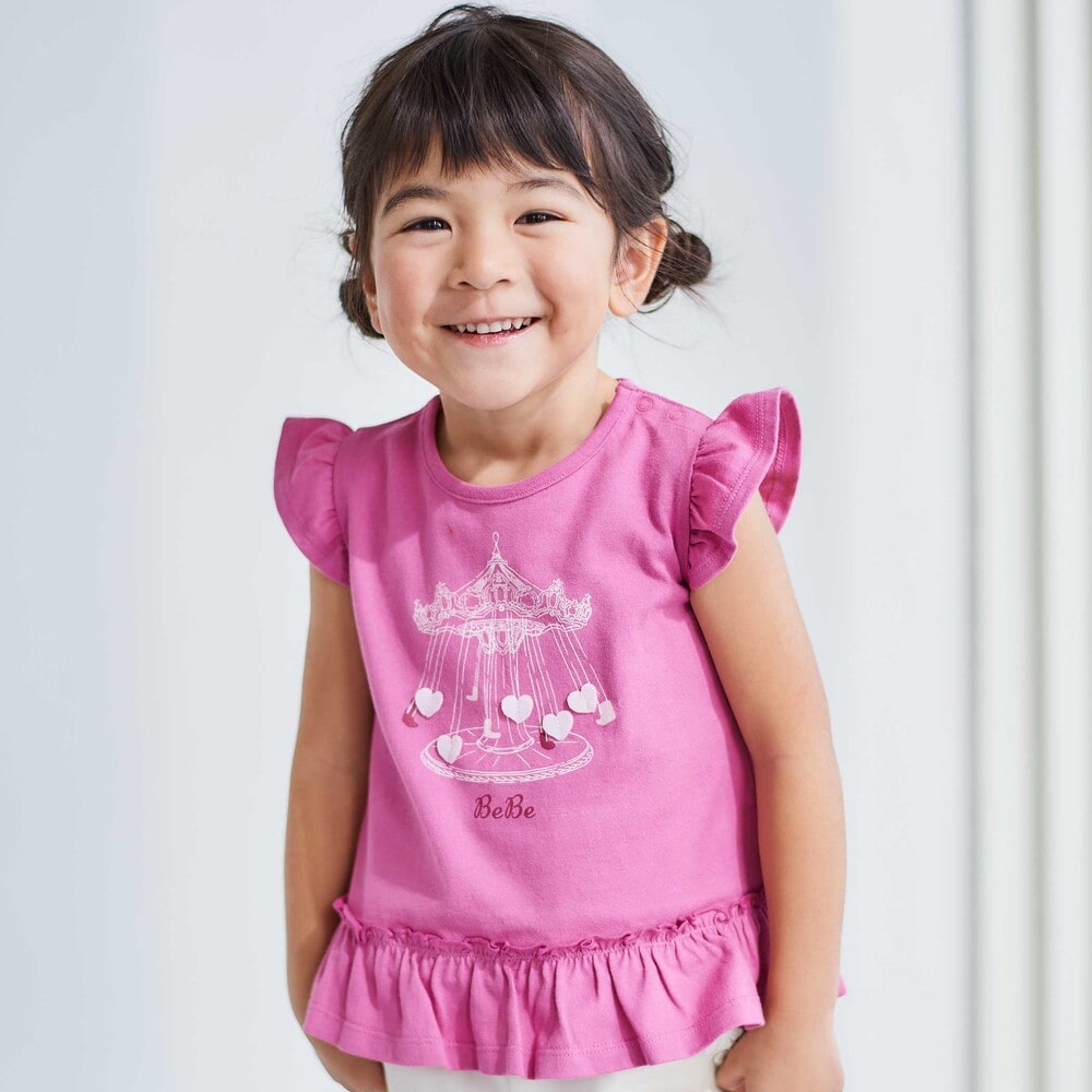 遊園地ハートモチーフ裾フリル天竺Tシャツ(80~90cm)(80cm ピンク